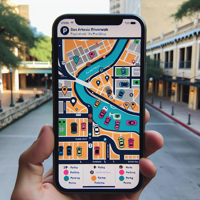 map on parking app showing San Antonio Riverwalk parking locations