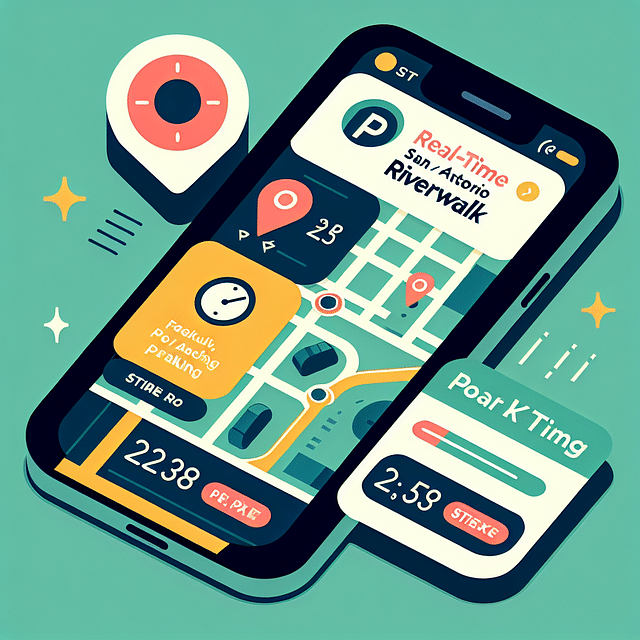 smartphone screen displaying a real-time parking app for San Antonio Riverwalk