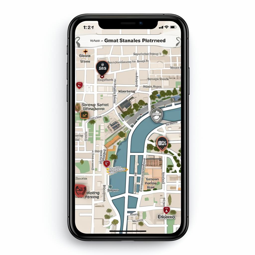 A map on a smartphone showing parking spots around San Antonio Riverwalk